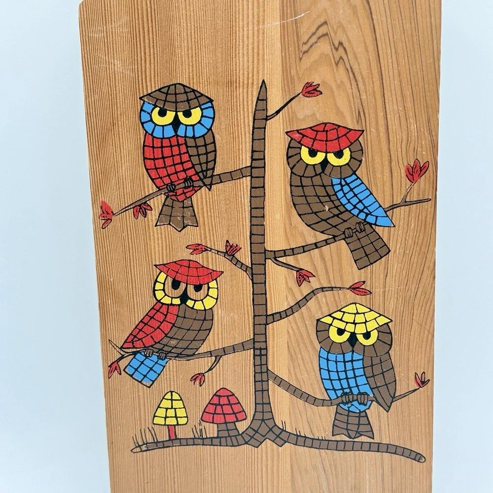 Vitg Owl Mushrooms Wood Cutting Board Folk Art Boho Nevco Kitchen 6